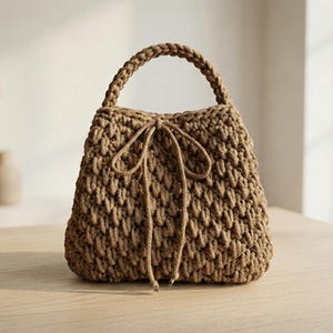 May include: A tan-colored, hand-crocheted handbag featuring a thick, braided top handle and a drawstring closure tied in a bow at the front. The bag has a textured, chunky knit pattern throughout, creating a structured yet soft appearance.