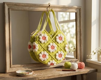 Mönster för virkad väska med blommotiv | Grandma Square Tote PDF (amerikanska termer)