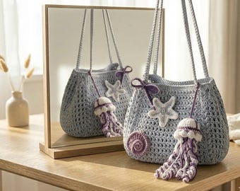 Mönster för virkad marknadsväska | Handledning för tygväska i nät | Sommarstrandväska i PDF-format | Guide till tygväska med puffstygn | Amerikanska termer Ocean Bag