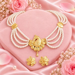 Rajmayuri Multi-Strand Pearl Peacock Necklace Set with Earrings | Gold Plated Bengali Jewelry
