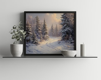 May include: A framed landscape print depicting a snow-covered forest path winding through evergreen trees under a soft, golden-hued sky. The artwork is displayed on a shelf alongside a small potted plant, a white ceramic bowl, and a tall white candle.