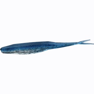May include: A soft plastic fishing lure shaped like a slender baitfish. The body is translucent blue with a gradient transition to a clear belly, featuring embedded dark glitter throughout the material and a split, forked tail design.