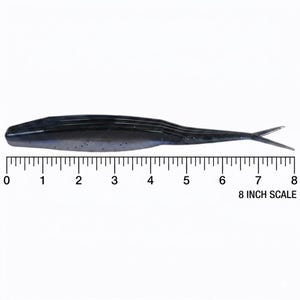 May include: A dark blue and black soft plastic fishing lure with a tapered, segmented body and a split tail design, positioned above an 8 inch scale ruler that shows the lure measures approximately 7.5 inches in total length.