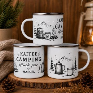 Personalisierte Emaille-Tasse mit Campingmotiv, Name und Kaffee-Design für Vanlife