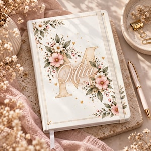 Personalisiertes A5 Notizbuch mit Namen und Monogramm, Weißes Hardcover mit 160 linierten Seiten