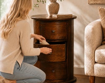 Round Mango Wood Nightstand, 3 Drawer Drum Chest, Chestnut Finish Bedside Table, Solid Wood End Table, Boho Bedroom Storage