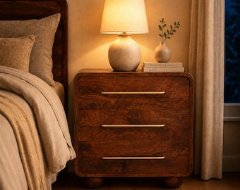 3 Drawer Rounded Chest, Solid Mango Wood Nightstand, Curved Bedside Dresser, Brown Bedroom Storage Cabinet