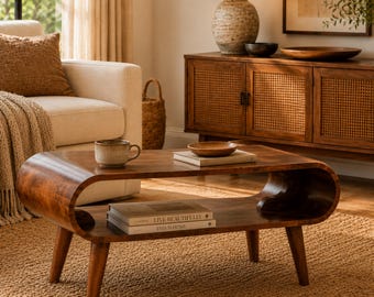 Solid Mango Wood Coffee Table, Small Mid Century Coffee Table, Japandi Nordic Wood Table, Amaya Scandinavian Living Room Table