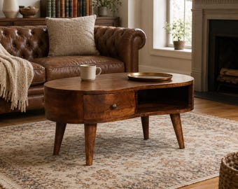 Small Curved Coffee Table, Mango Wood Coffee Table with Drawer, Sculptural Wave Living Room Table
