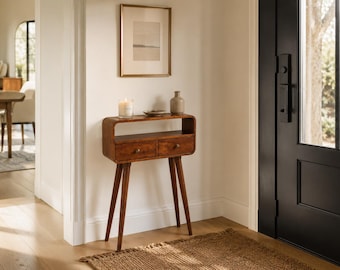 Narrow Curved Console Table, Mango Wood Entryway Table with Drawers, Hallway Storage Table