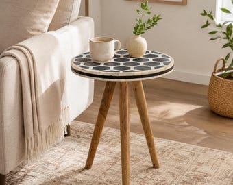 Bone Inlay Tripod Stool in Solid Mango Wood | Handmade Boho Accent Table | Oak Finish Inlay Furniture Gift