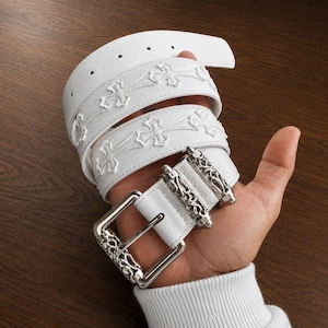White Leather Belt with Cross Patch | Gothic Punk Y2K Unisex Waistband