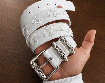 Cintura in pelle bianca con toppa a croce / Fascia unisex gotica punk Y2K