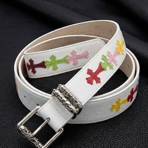 Chrome Hearts White PU Leather Cross Patch Belt | Colorful Cross Embroidered Belt | Gothic Y2K Streetwear Unisex Silver Buckle