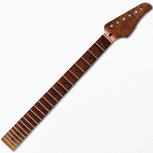 May include: A guitar neck featuring a dark brown wood fretboard with silver frets and black dot position markers. The headstock is angled and finished in a matching brown wood tone, containing six pre-drilled holes for tuning pegs.