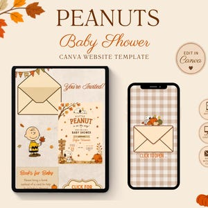 May include: A Peanuts baby shower Canva website template featuring a tablet and smartphone display. The design includes autumn leaves, pumpkins, and characters like Charlie Brown and Snoopy, with text reading Peanuts Baby Shower.