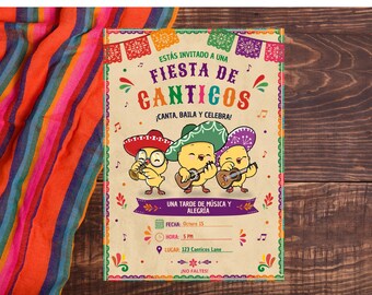 May include: A rectangular invitation card featuring three yellow cartoon chicks wearing sombreros and playing musical instruments. The text reads FIESTA DE CANTICOS, CANTA, BAILA Y CELEBRA, UNA TARDE DE MUSICA Y ALEGRIA, FECHA, HORA, LUGAR, and NO FALTES.