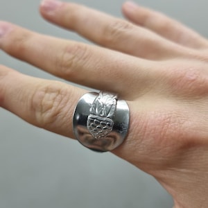 Op de afbeelding: Een zilverkleurige metalen ring gemaakt van een hergebruikte lepel, met een brede, gebogen band en een opvallend reliëfpatroon aan de voorzijde dat lijkt op een gestileerd bloem- of bladmotief met een textuur van schubben aan de basis.