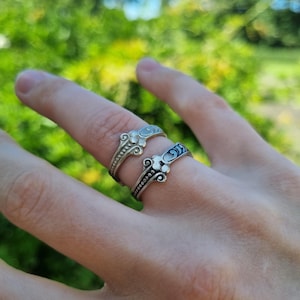 Op de afbeelding: Twee zilverkleurige ringen gedragen aan naast elkaar liggende vingers. Elke ring heeft een decoratief, verhoogd bloemmotief met ingewikkelde krullen en donkere, verdiepte details, lijkend op het ontwerp van vintage bestek.