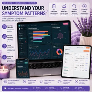 Può includere: Un'interfaccia digitale per il monitoraggio della salute visualizzata su un laptop, un tablet e uno smartphone. Gli schermi mostrano grafici a barre della frequenza dei sintomi, un grafico radar del benessere e liste di registro.