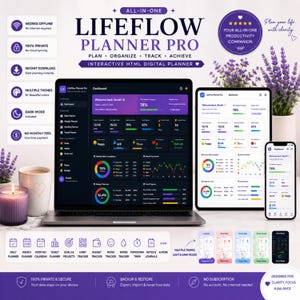 May include: LifeFlow Planner Pro interactive HTML digital planner displayed on a laptop, tablet, and smartphone. The interface features a dark mode dashboard with progress charts, habit trackers, and budget overviews. Includes icons for planning tools.