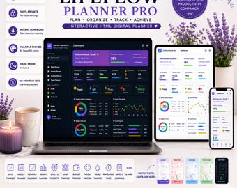 May include: LifeFlow Planner Pro interactive HTML digital planner displayed on a laptop, tablet, and smartphone. The interface features a dark mode dashboard with progress charts, habit trackers, and budget overviews. Includes icons for planning tools.
