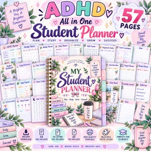Könnte beinhalten: Ein spiralgebundener ADHD All in One Student Planner mit 57 Seiten, verziert mit pastellfarbenen Illustrationen von Pflanzen, Blumen und einer Kaffeetasse. Das Cover zeigt den Text My Student Planner, Plan, Study, Grow, Succeed und A Focused Mind A Brighter Future.