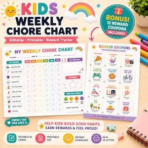 Puede incluir: Un cuadro de tareas semanal para niños y un conjunto de cupones de recompensa con ilustraciones coloridas de un sol, un arcoíris y estrellas. El cuadro incluye columnas para los días de la semana, una lista de tareas y un rastreador de ánimo.