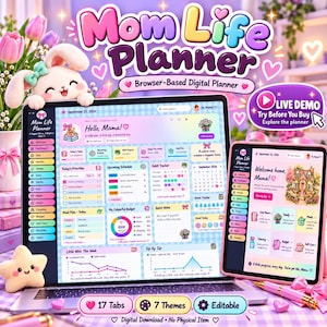 Puede incluir: Un planificador digital basado en navegador titulado Mom Life Planner que se muestra en la pantalla de una computadora portátil y una tableta. La interfaz presenta pestañas coloridas, un calendario, un rastreador de hábitos, gráficos de presupuesto y secciones de planificación de comidas con una estética pastel.