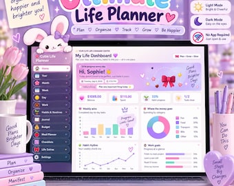 Op de afbeelding: Een digitale levensplanner-interface weergegeven op een laptopscherm, met een dashboard met grafieken, gewoonte-trackers en financiële overzichten. Het ontwerp maakt gebruik van een pastelpaars kleurenpalet met schattige konijntjes en hartjes.