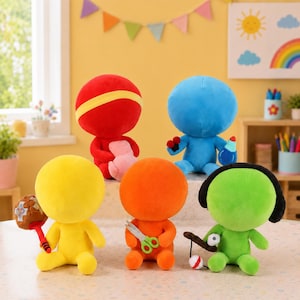 May include: Five plush dolls in red, blue, yellow, orange, and green. The red doll has a yellow headband, the blue doll holds a red and blue object, the yellow doll holds a patterned mallet, the orange doll holds green scissors, and the green doll holds a fishing rod.