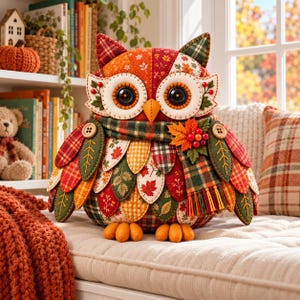 Può includere: Una statuetta di gufo in peluche realizzata con vari ritagli di tessuto nei colori autunnali, tra cui arancione, rosso, verde e giallo. Il gufo presenta grandi occhi a bottone neri, una sciarpa in feltro con un'acero e bacche, e ali cucite.