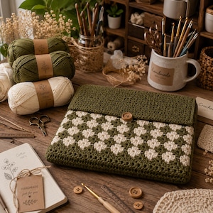 May include: A rectangular crochet laptop sleeve featuring a dark olive green and cream checkered pattern. The sleeve has a solid dark olive green flap secured with a single wooden button. The design is crafted from yarn, showcasing a textured stitch.