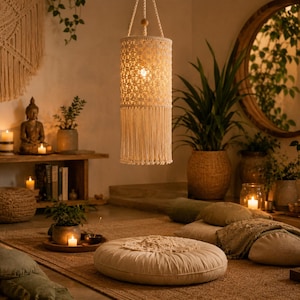 May include: A cylindrical hanging pendant light fixture crafted from off-white macrame cord with an intricate woven pattern and long, flowing fringe at the base. The lamp is suspended by braided cords and emits a warm, soft glow from within.