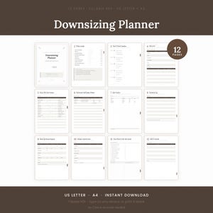 May include: A 12-page fillable PDF Downsizing Planner with a dark brown header and white background. The document includes pages for a timeline, sale tracker, donation log, and room-by-room progress, available in US Letter and A4 paper sizes.