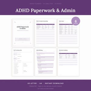 Può includere: Un set di sei pagine per la pianificazione ADHD intitolato ADHD Paperwork & Admin, con modelli PDF compilabili per tracciare attività, questioni in sospeso, slot da dieci minuti, raggruppamento di attività amministrative e scadenze.