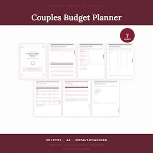 Puede incluir: Un planificador de presupuesto para parejas digital que consta de siete páginas en formato PDF rellenable. Las páginas incluyen secciones para valores monetarios, objetivos compartidos, ingresos, facturas conjuntas y seguimiento mensual.