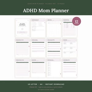Könnte beinhalten: Ein digitaler ADHD Mom Planner mit 12 ausfüllbaren PDF-Seiten. Das Layout umfasst eine Titelseite, Sonntagsplanung, einen Monatskalender, einen Tracker für Schulpersonal, Zahlungslisten, Aktivitätenpläne und Kontaktlisten.