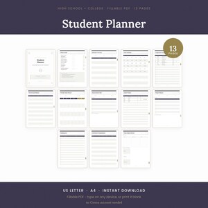 Planificador estudiantil imprimible, registro de tareas rellenable, horario de clases y registro de calificaciones para la universidad.