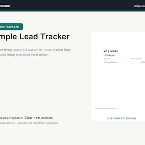 May include: A Notion template titled Simple Lead Tracker by Bizops Studio. The digital interface displays a V3 Leads table with columns for client and estimated value, featuring a sample entry for Acme Ltd. and a live template preview button.