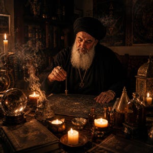 May include: An elderly person with a long white beard and black turban holds a metal pendulum over a circular astrological chart. The scene is illuminated by multiple lit candles, a crystal ball, and a lantern, creating a warm, dim atmosphere.
