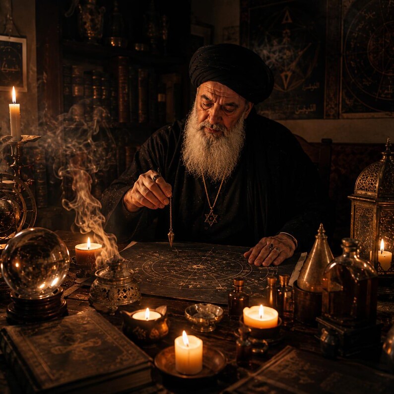 May include: An elderly person with a long white beard and black turban holds a metal pendulum over a circular astrological chart. The scene is illuminated by multiple lit candles, a crystal ball, and a lantern, creating a warm, dim atmosphere.