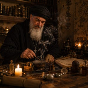 May include: An older individual with a long white beard and black turban wears a dark robe and a silver cross necklace. They are using a small tool to stir a smoking bowl on a wooden table filled with candles, glass vials, and an open book.