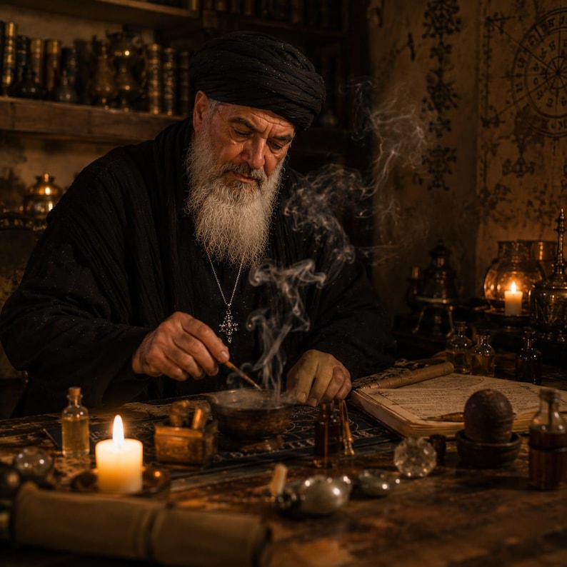 May include: An older individual with a long white beard and black turban wears a dark robe and a silver cross necklace. They are using a small tool to stir a smoking bowl on a wooden table filled with candles, glass vials, and an open book.