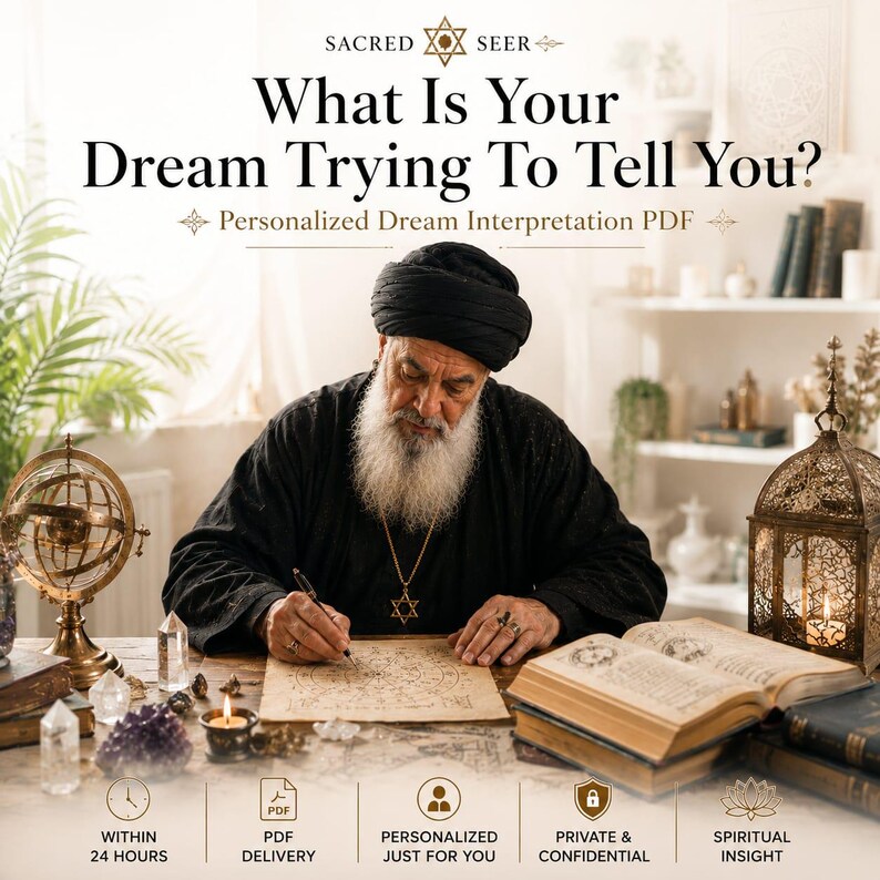 May include: A bearded individual in a black turban and robe writes on parchment. Text reads: SACRED SEER, What Is Your Dream Trying To Tell You?, Personalized Dream Interpretation PDF. Includes icons for 24-hour delivery, PDF, personalization, privacy, and spiritual insight.