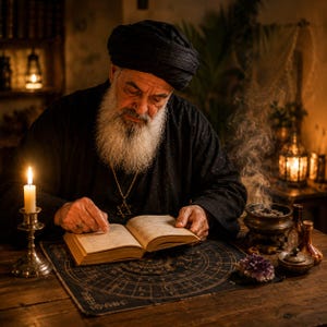 May include: An elderly individual with a long white beard and a black turban wears a black robe and a Star of David pendant. They are reading an open book on a circular astrological chart, beside a lit candle, an incense burner, and a crystal.