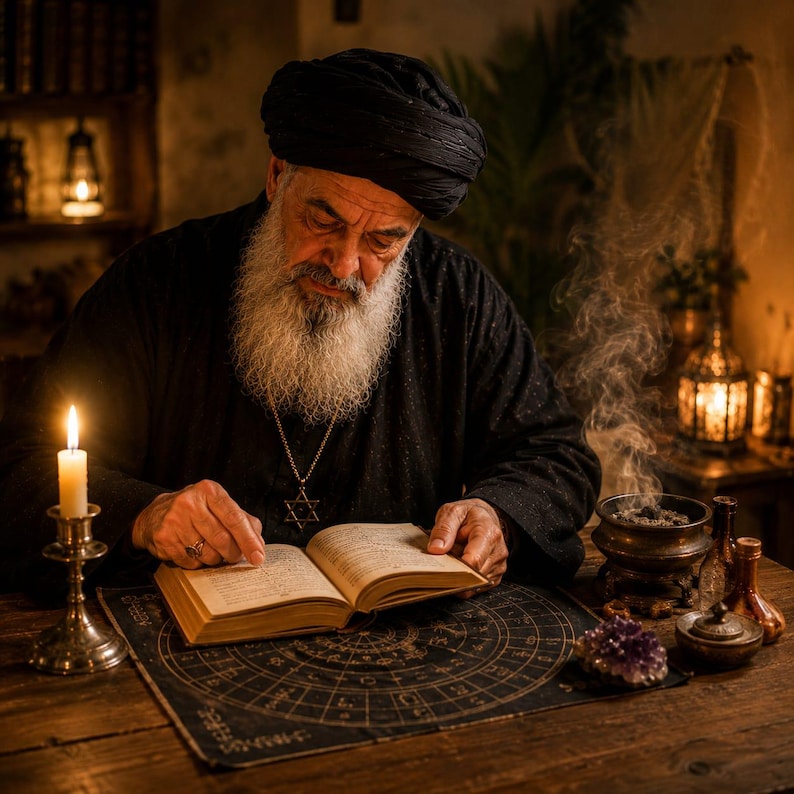 May include: An elderly individual with a long white beard and a black turban wears a black robe and a Star of David pendant. They are reading an open book on a circular astrological chart, beside a lit candle, an incense burner, and a crystal.