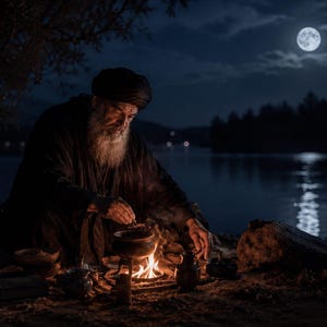 May include: An elderly individual with a long white beard and a dark turban wears a black robe while sitting by a small campfire at night. The person is cooking in a metal pot over the flames near a lake under a bright full moon in the sky.