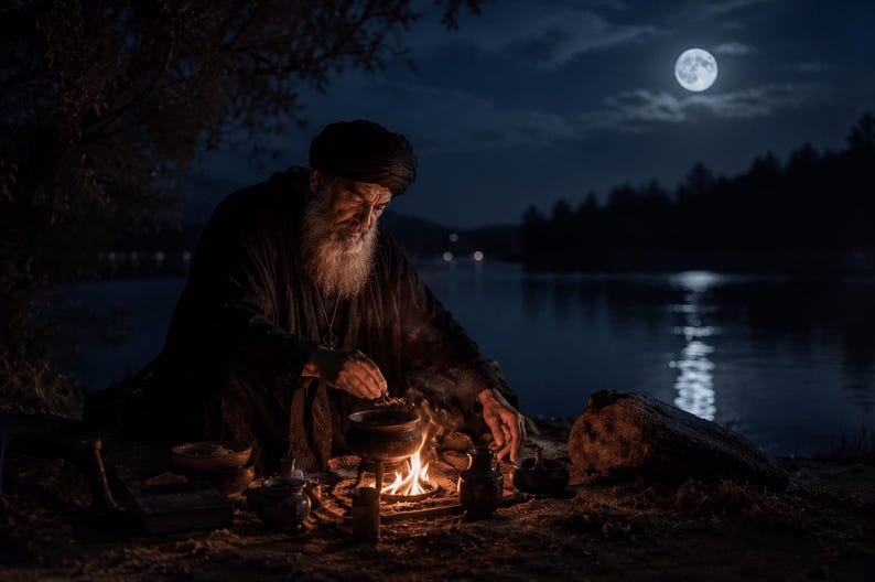May include: An elderly individual with a long white beard and a dark turban wears a black robe while sitting by a small campfire at night. The person is cooking in a metal pot over the flames near a lake under a bright full moon in the sky.