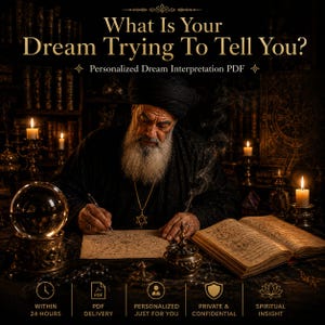 May include: A digital graphic featuring the text "What Is Your Dream Trying To Tell You?" and "Personalized Dream Interpretation PDF." An older person with a beard and turban writes on a document near a crystal ball, an open book, and candles.